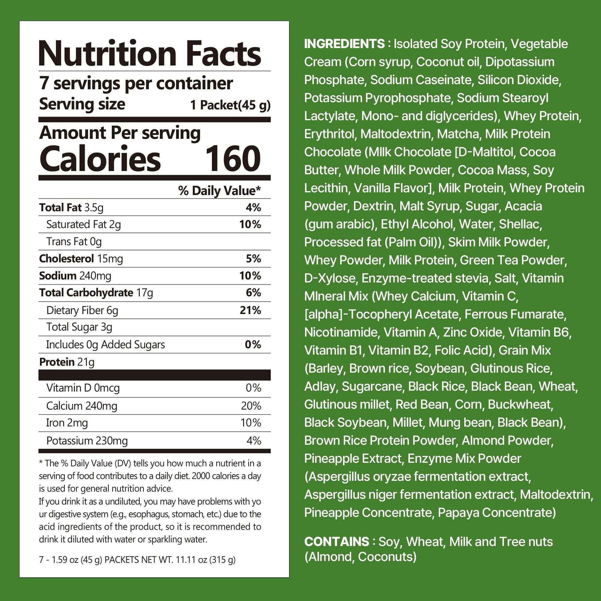 Flimeal GreenTea Matcha Protein Shake Pouch, With Crunchy Protein Balls (7 Packs X 1.59 oz)